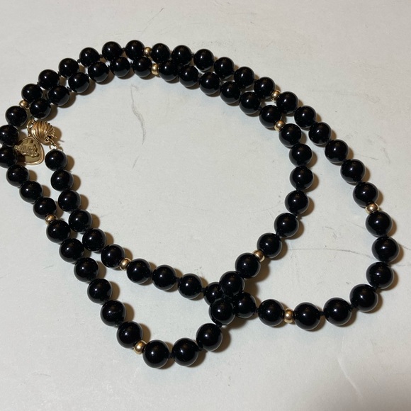 Black Onyx Beaded Necklace 14 kt Gold Accent Beads and Closure 24\